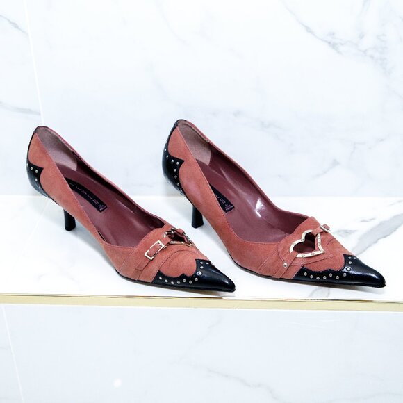 Vintage Steven by Steve Madden Red Black Leather Suede Kitten Heel Heart Studs - Picture 1 of 10